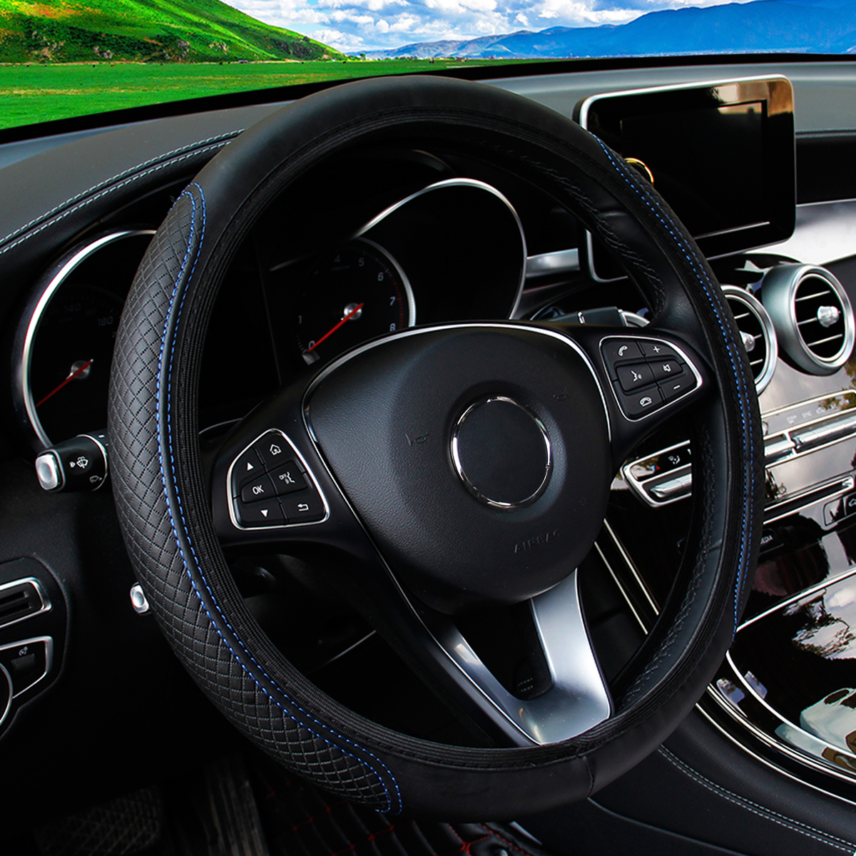 รถสามมิติหนังลายนูน PU ที่ไม่มีวงแหวนด้านใน Setir mobil ฝาครอบสำหรับยานยนต์14.5-15นิ้ว