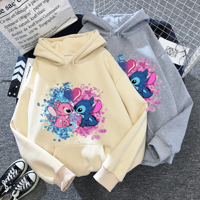 Disney Stitch Hoodies ผู้หญิง Harajuku Pullovers น่ารัก Kawaii เสื้อลําลอง O-Neck Angel พิมพ์ Hooded Sweatshirt แขนยาว