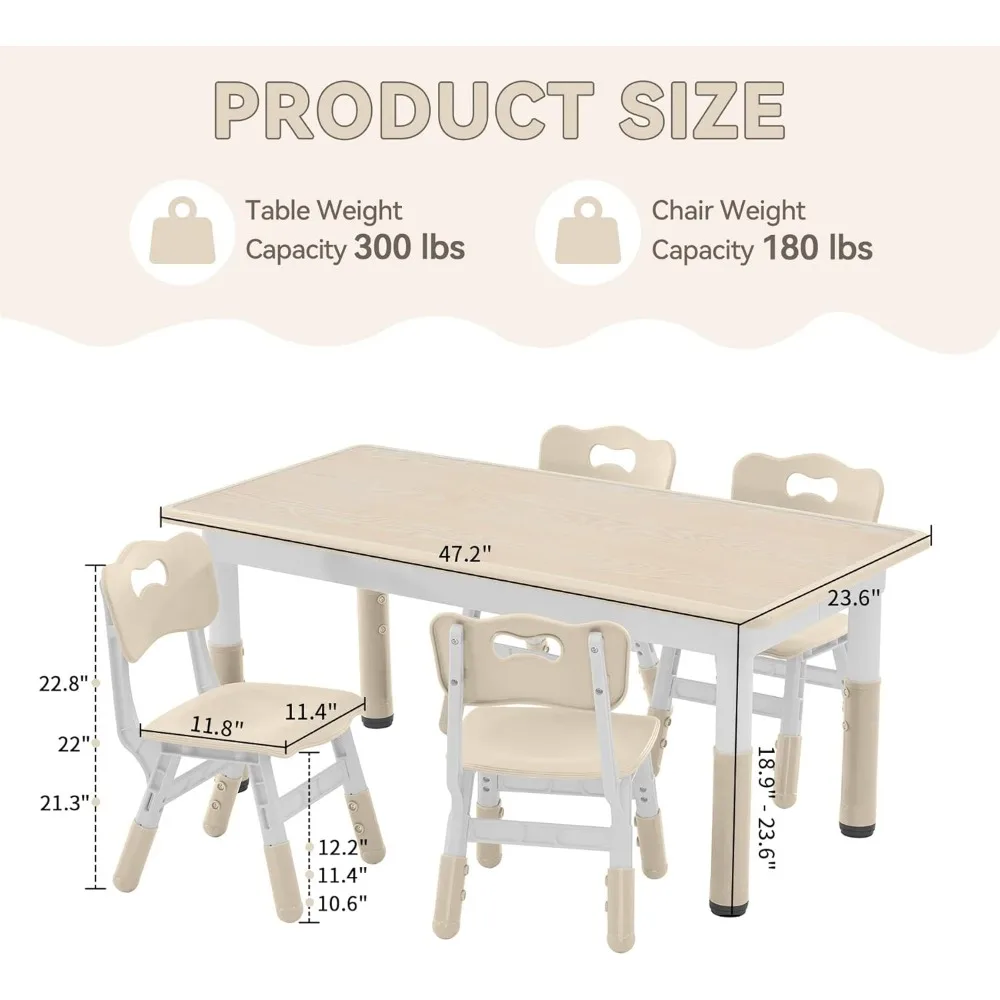 Kids Study Table and Chairs Set, Height Adjustable Toddler Table and Chair Set for Kids Ages 3-8, Graffiti Desktop (Burlywood