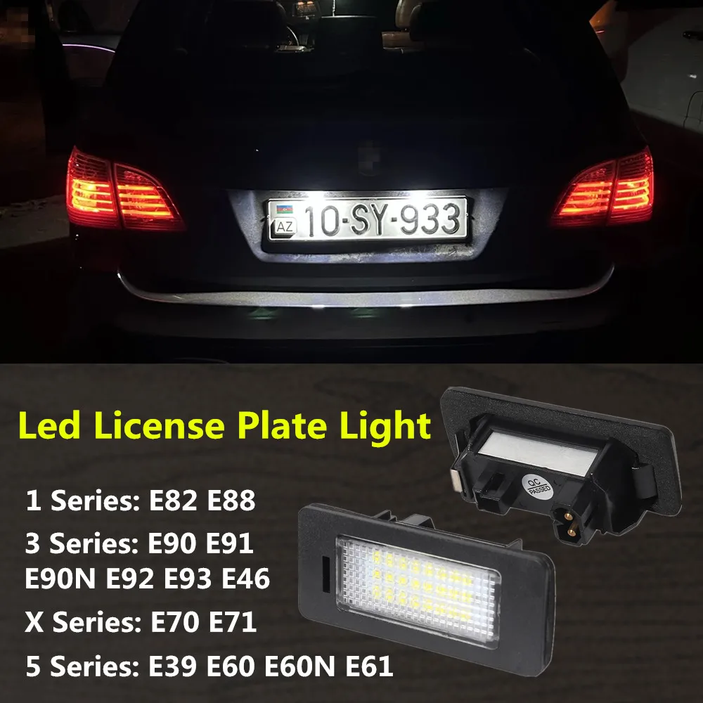 2 lâmpadas led brancas para placa de carro, acessórios automotivos para bmw e46 x5 e70 x6 e71 e72 e90 e92 e93 e91 m3 e39 m5 e60 e61 e82
