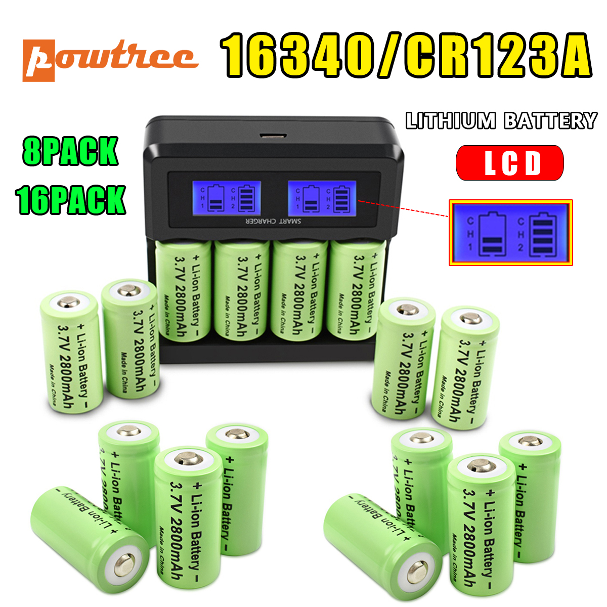 Powtree 16P 2800 мАч Перезаряжаемый 3,7 В литий-ионный аккумулятор 16340 CR123A RCR 123 ICR Батарея для светодиодного фонарика Зарядное устройство для путешествий