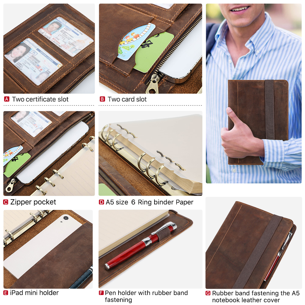 高級A5ノートブックレザーカバー、6リングバインダー付きポートフォリオ、ペーパーペン、iPad、ミニホルダー、カードスロット、トラベルケース、レトロ、ビジネス