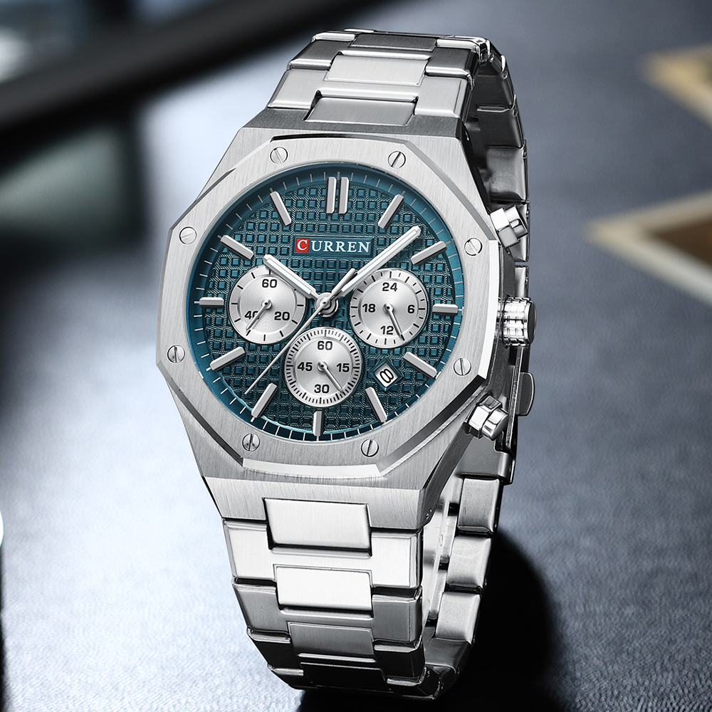 Relojes de pulsera CURREN de cuarzo con banda de acero inoxidable informal a la moda con cronógrafo relojes impermeables para hombre