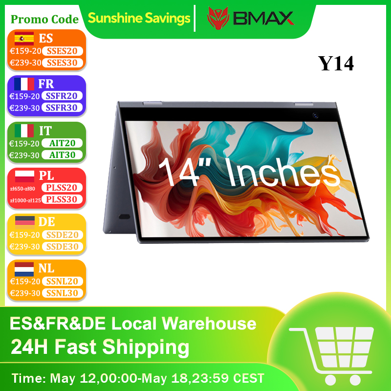 BMAX Y14 2025 360 ° Laptop 14 calowy dotykowy Notebook 16GB RAM LPDDR5 512GB SSD Windows 11 1920*1080 IPS Intel N100 laptopy komputerowe