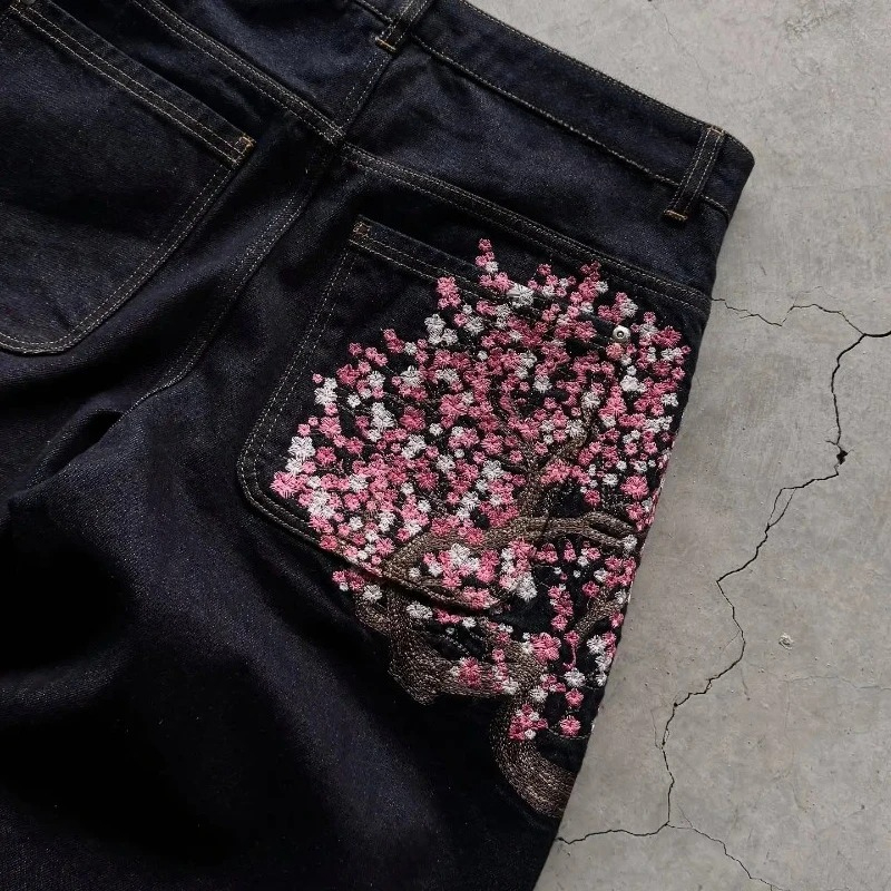 Y2K Мешковатые джинсы Cherry Blossom Selvedge Джинсовые брюки с вышивкой для мужчин и женщин Джинсовая ткань Американский хип-хоп Уличная одежда Широкие джинсы