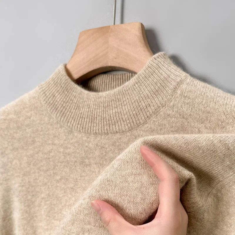 Suéter masculino de lã pura 100% com gola simulada, outono inverno, suéter de caxemira quente, pulôveres de malha sólida para homens, tops de malha finos