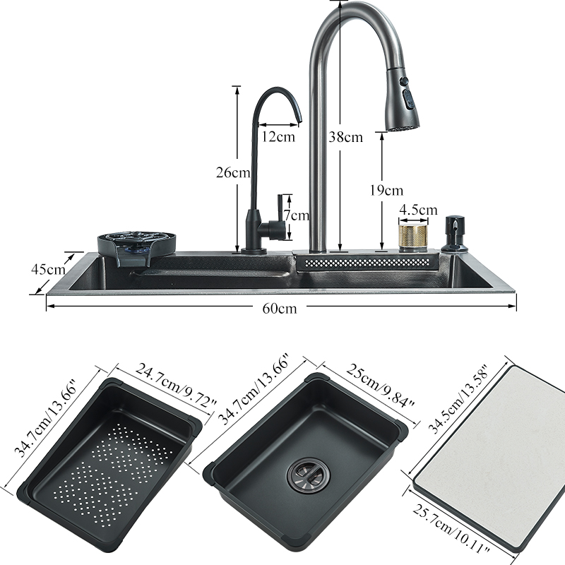 Évier de cuisine cascade en acier inoxydable 304, grand fente unique intégrée, ensemble de robinets 60x45cm, distributeur de savon/eau Pure/laveuse de tasses