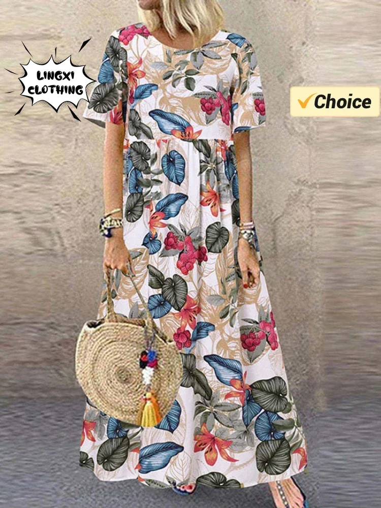 Elegancka sukienka imprezowa 2024 Elegancka damska spódnica Plus Size Luźna okrągła szyja Krótki rękaw Retro Print Casualowa długa sukienka damska