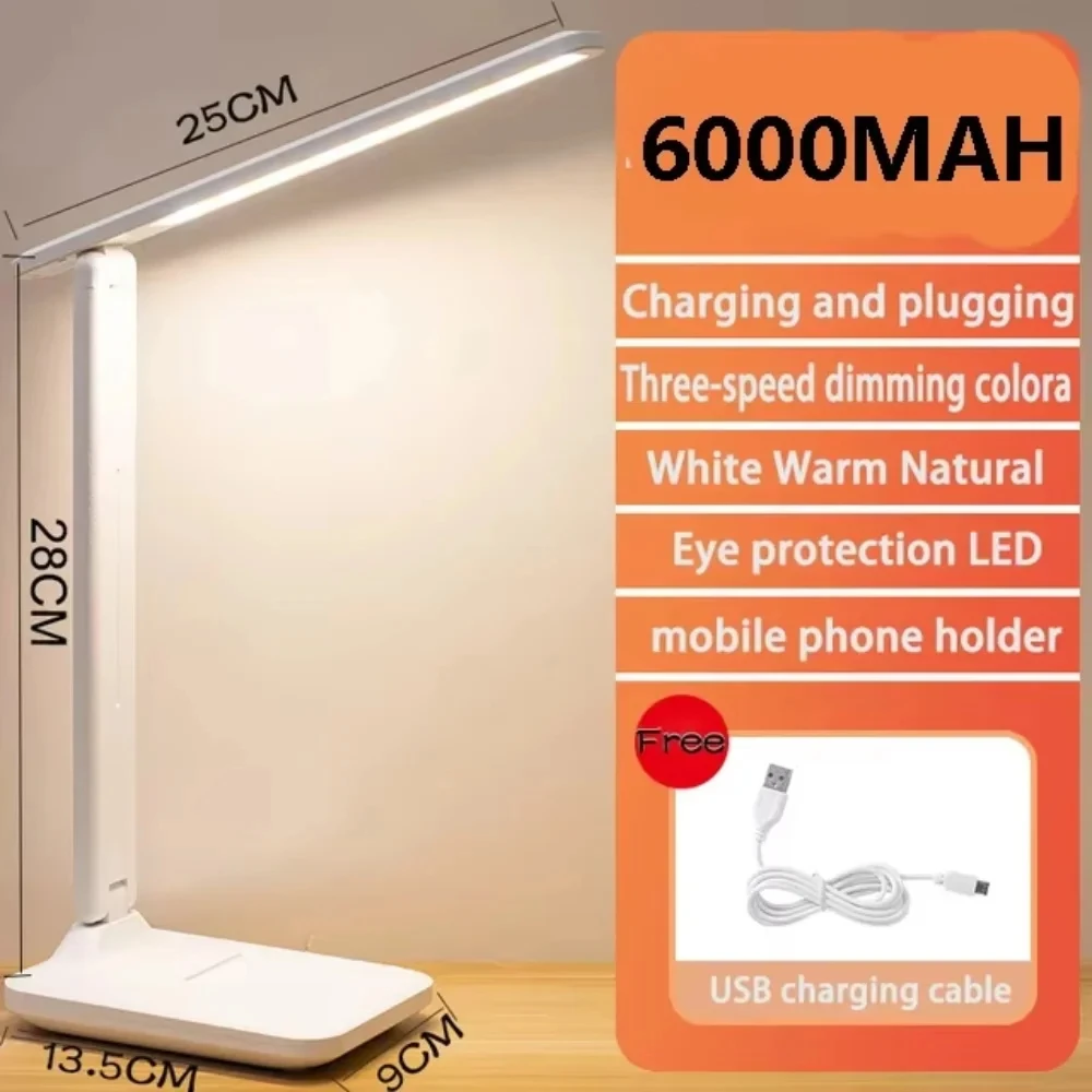 โคมไฟตั้งโต๊ะ LED 6000mAh ชาร์จผ่าน USB ปรับความสว่างได้ 3 สีแบบไร้ขั้นตอน โคมไฟตั้งโต๊ะแบบสัมผัส พับได้ ป้องกันดวงตา ไฟอ่านหนังสือกลางคืน