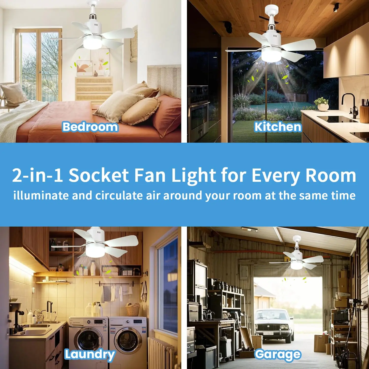 Socket LED Fan Light with Remote 52.5cm 4 Speed Socket Ceiling Fan with Lighting Light Bulb Fan for Bedroom Home, E26/E27 Base