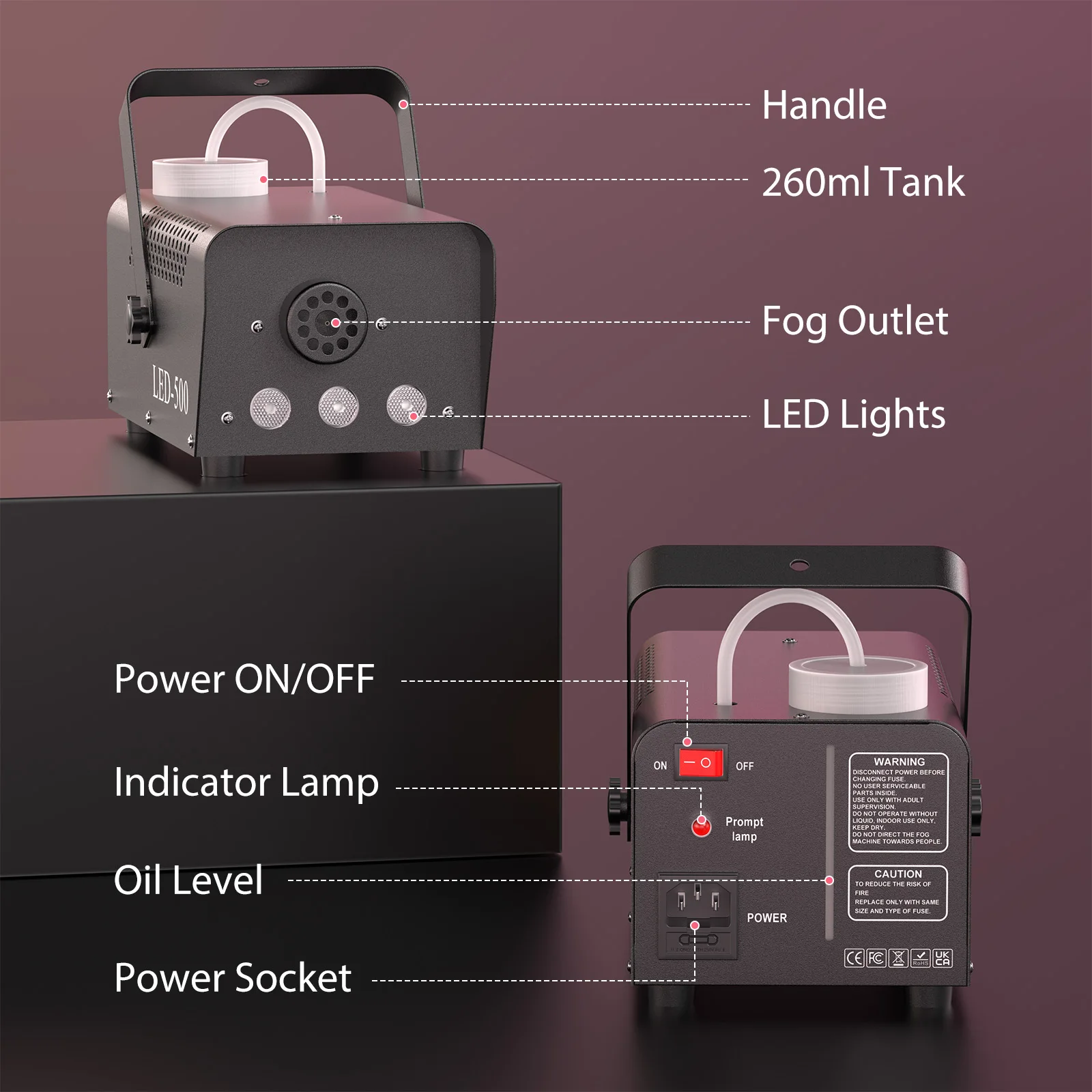 U'King 500W Machine à fumée RGB 3 LED Machine à brouillard de couleur mixte avec télécommande éjecteur de fumée de scène pour DJ Halloween Noël