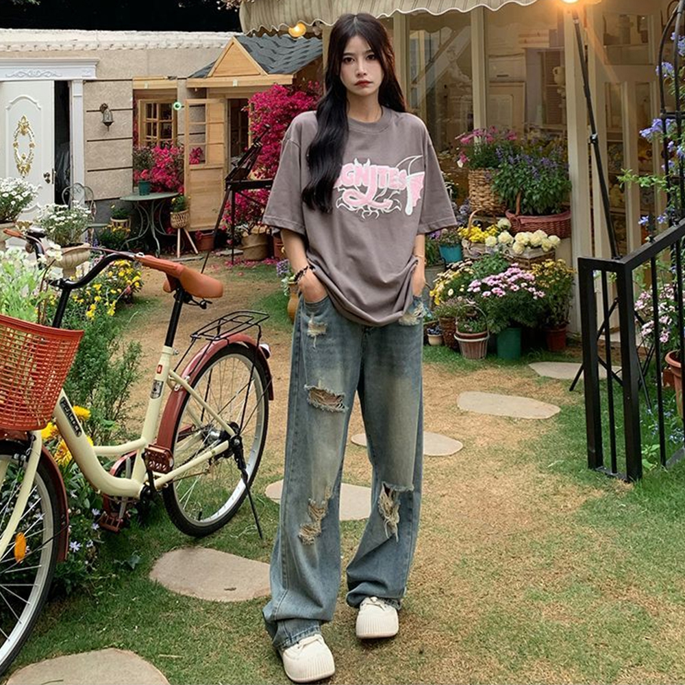 Amerikaanse Retro Gat Geperforeerde Jeans Vrouwen Hoge Taille Rechte Kruis Losse Slanke Ontwerp High-Street Vibe Wijdbeens slepen Broek