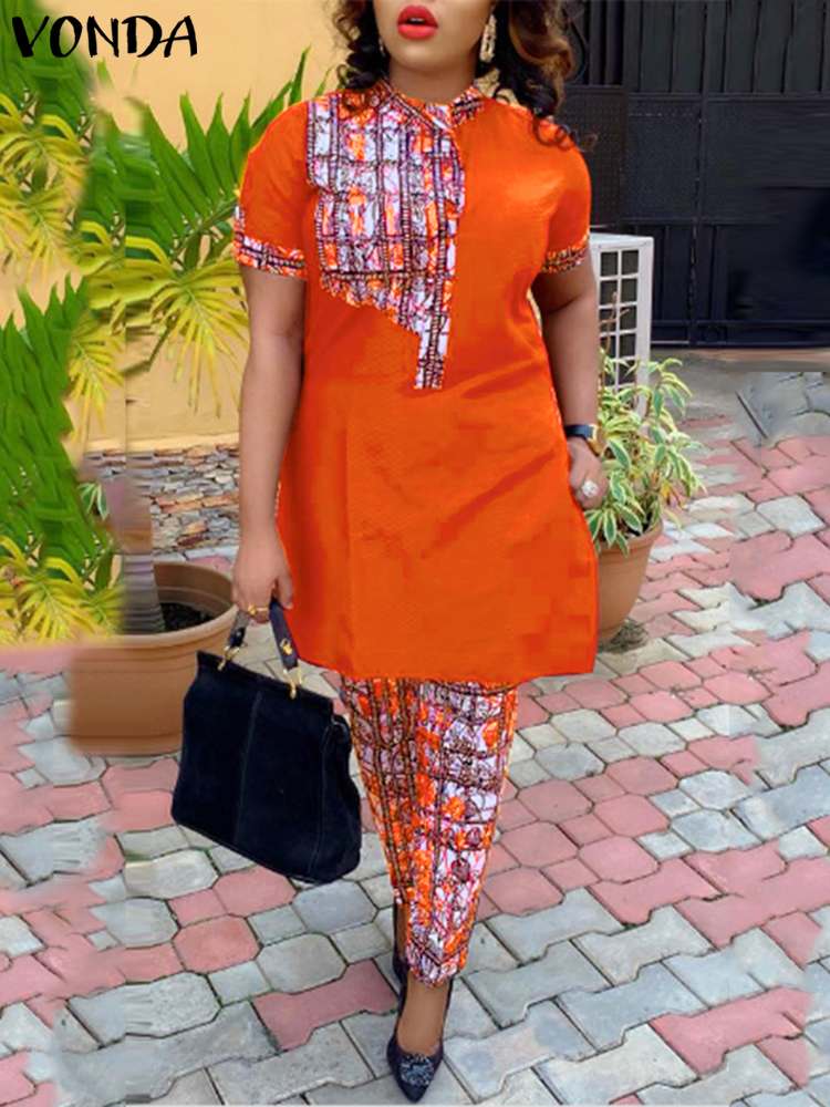 Vonda-女性のボヘミアンダンガリー,ヴィンテージプリントパンツ,スタンドカラー,半袖トップス,ロングパンツ,カジュアル,ラージサイズ,サマー,2024