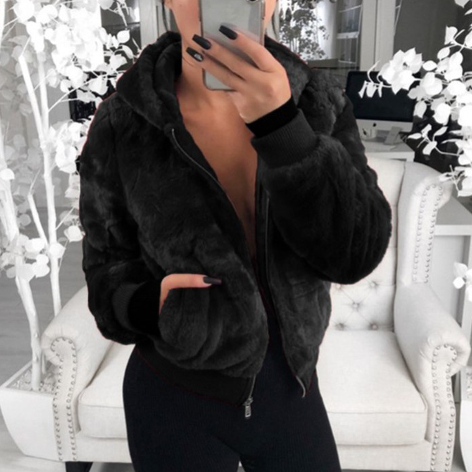 Chaqueta de felpa con cierre de cremallera, puño elástico grueso, Sudadera con capucha para mujer con bolsillo, prendas de vestir, casacos de inverno feminino