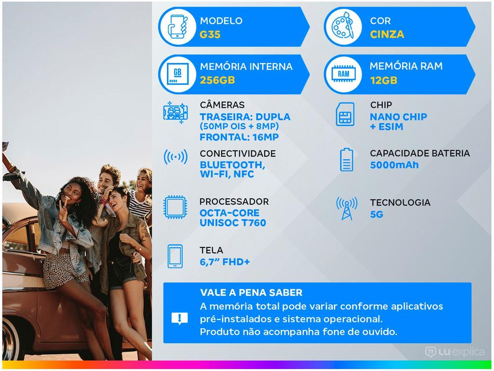 Smartphone Motorola Moto G35 256GB Cinza 5G 12GB RAM 5G 6,7" Câm. Dupla + Selfie 16MP