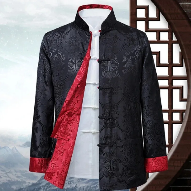 Heißer Verkauf Männer Chinesischen Stil Satin Seide Tang Anzug Jacke Doppelseitigen Langarm Kung Fu Mantel Hanfu Kleidung Jacken Größe S-3XL