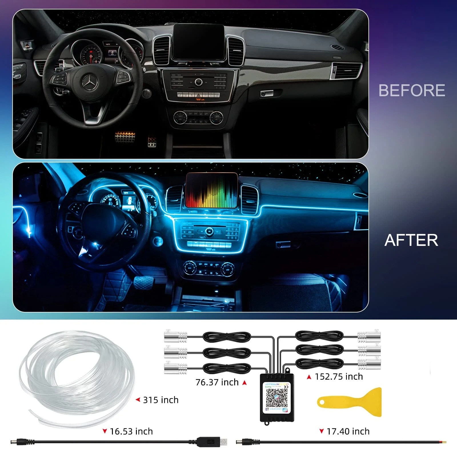 LED Auto-interieur Ambient Strip Lights RGB Glasvezel Sfeer Neon Verlichtingsset W / APP Afstandsbediening Auto Decoratieve Lampen
