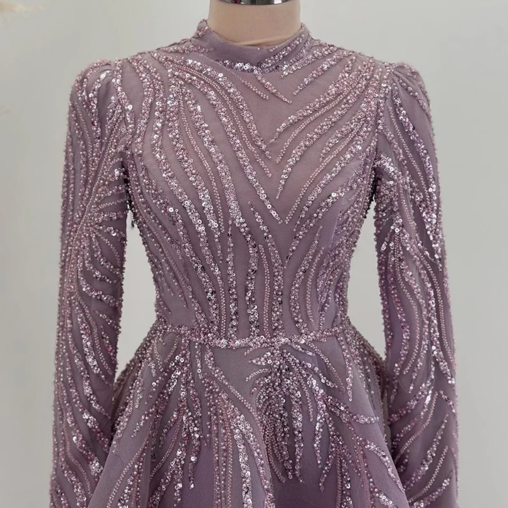 Sansa-Robe de soirée de forme trapèze, tenue de soirée de standing, avec perles et paillettes, longueur au sol, col rond, manches longues, 2024