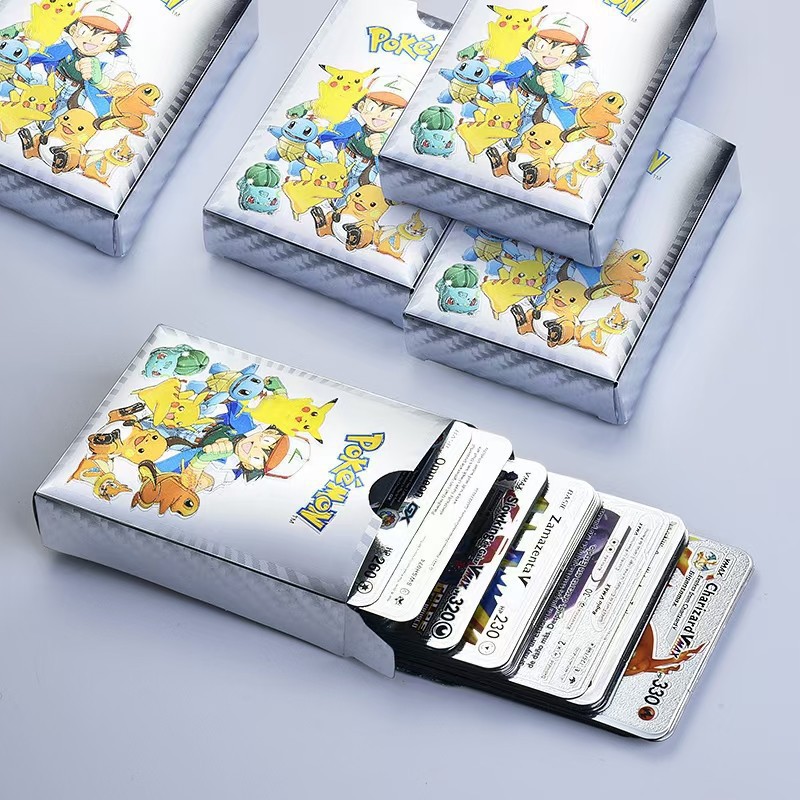 Caja de cartas de Pokémon Gold Pikachu, cartas de juego doradas y plateadas en español/inglés/francés, Charizard Vmax Gx, regalo para niño