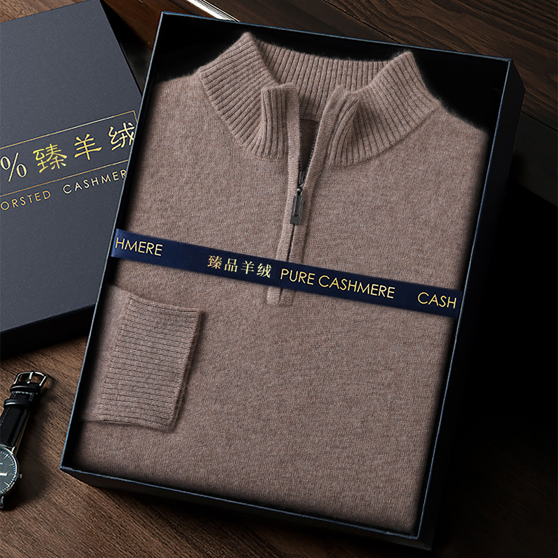 100% cabra cashmere masculino mock-neck camisola com zíper pullovers outono inverno grosso clássico sólido solto malhas coreano roupas masculinas
