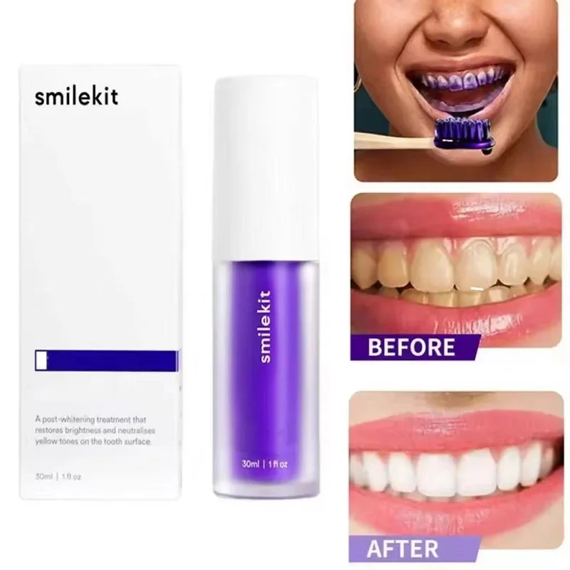 Pasta de dientes blanqueadora púrpura, 30ml, elimina las manchas, Reduce el cuidado del amarillento para las encías, aliento fresco, ilumina los dientes, nuevo