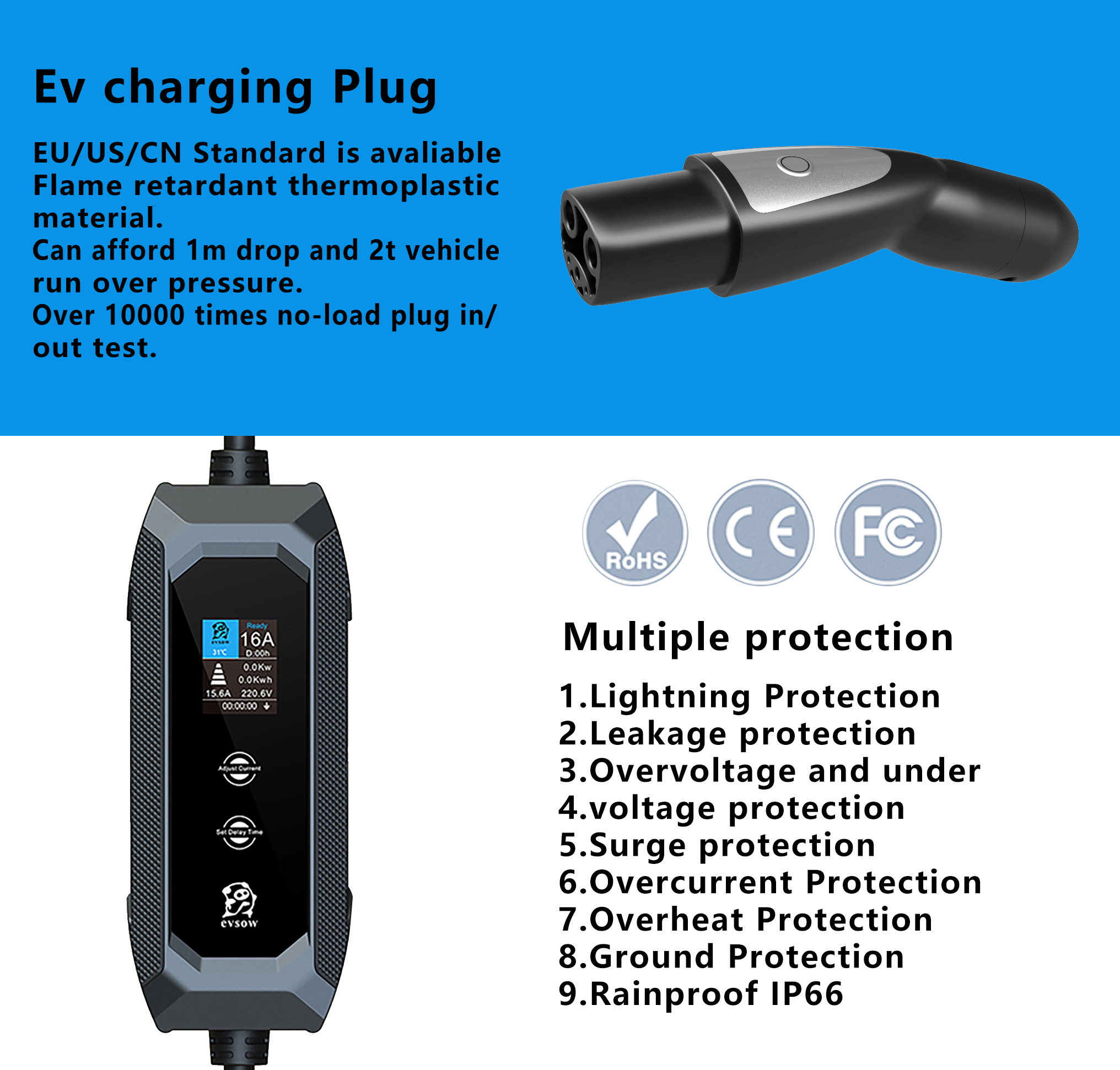 evsow 3.5KW TS-NACS EV Charger 16A Electric Car Charger NACS Portable EV Charger NACS Socket Electric Car Charging Cable 5m