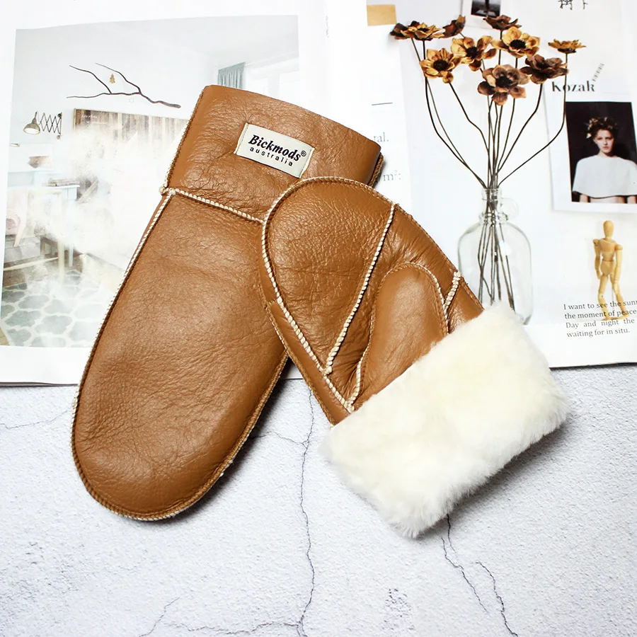 หนังแกะขนสัตว์Mittensผู้หญิงหนังขนสัตว์สีฤดูหนาวความอบอุ่นหนากลางแจ้งเย็นเด็กนักเรียนWindproofถุงมือ