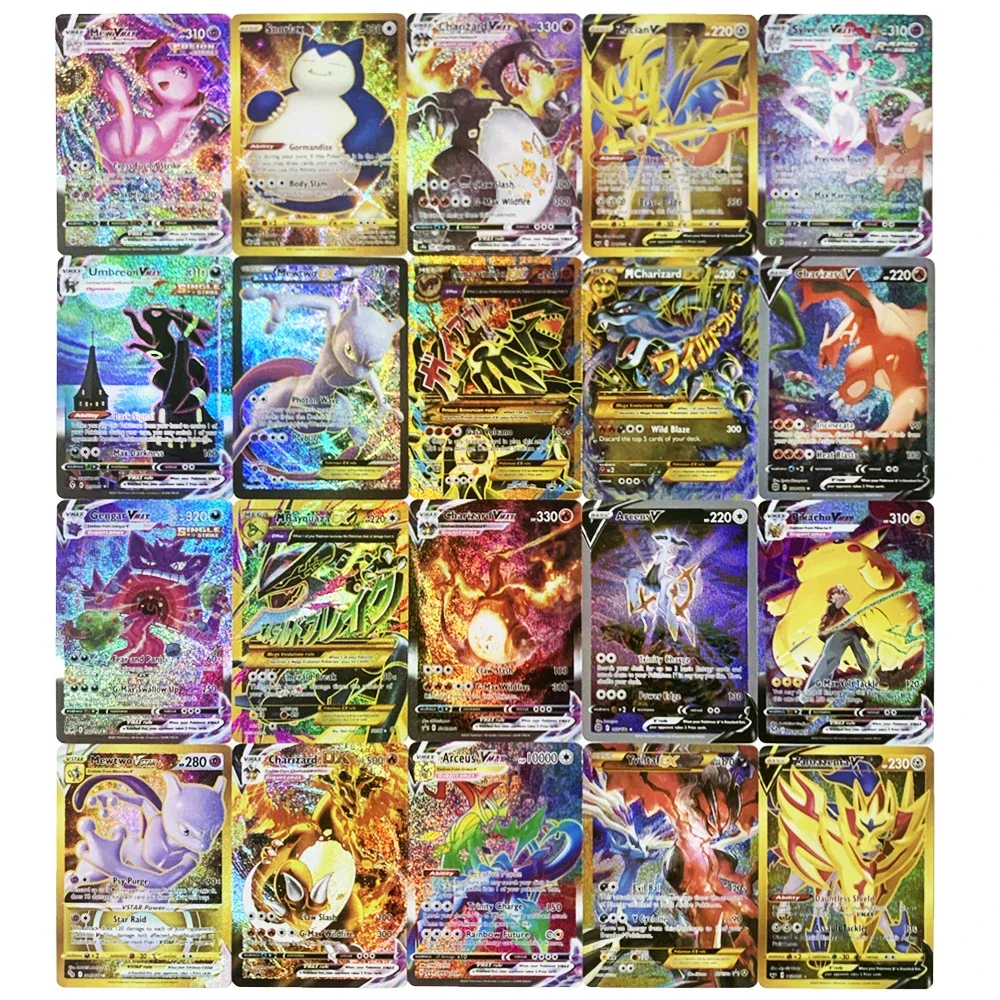 10-100 Uds inglés francés español alemán italiano Pokemon Vmax GX EX tarjeta Flash Charizard Pikachu tarjeta comercial niños Pokemon juguete para regalo