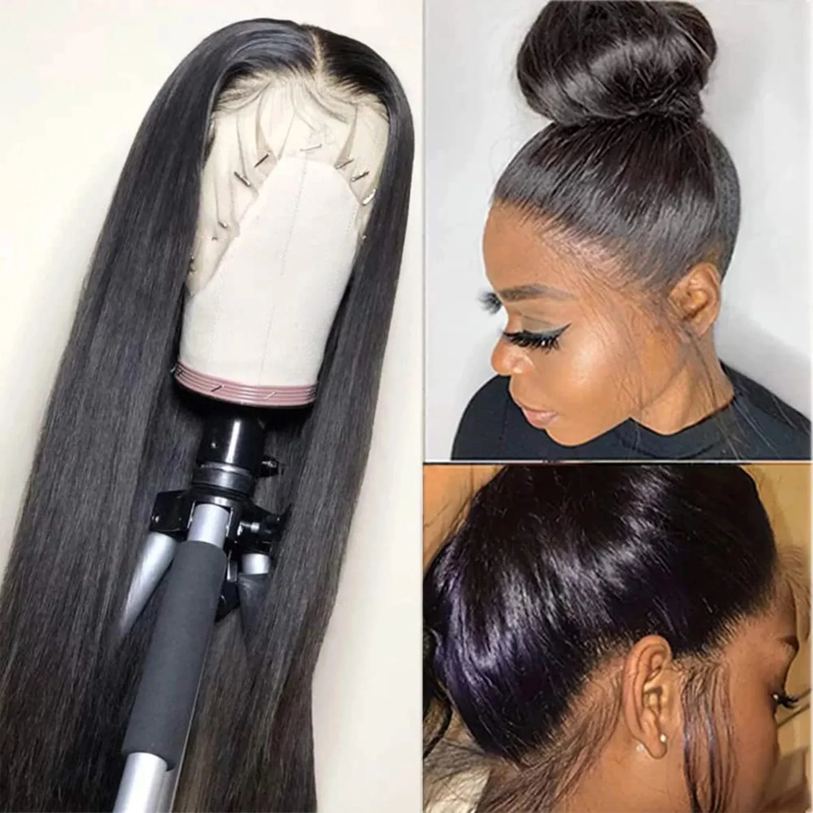 Peruca dianteira pré-puxada do laço para mulheres negras, cabelo humano, cabelo do bebê, cor natural, sem cola, 20 polegadas, novo