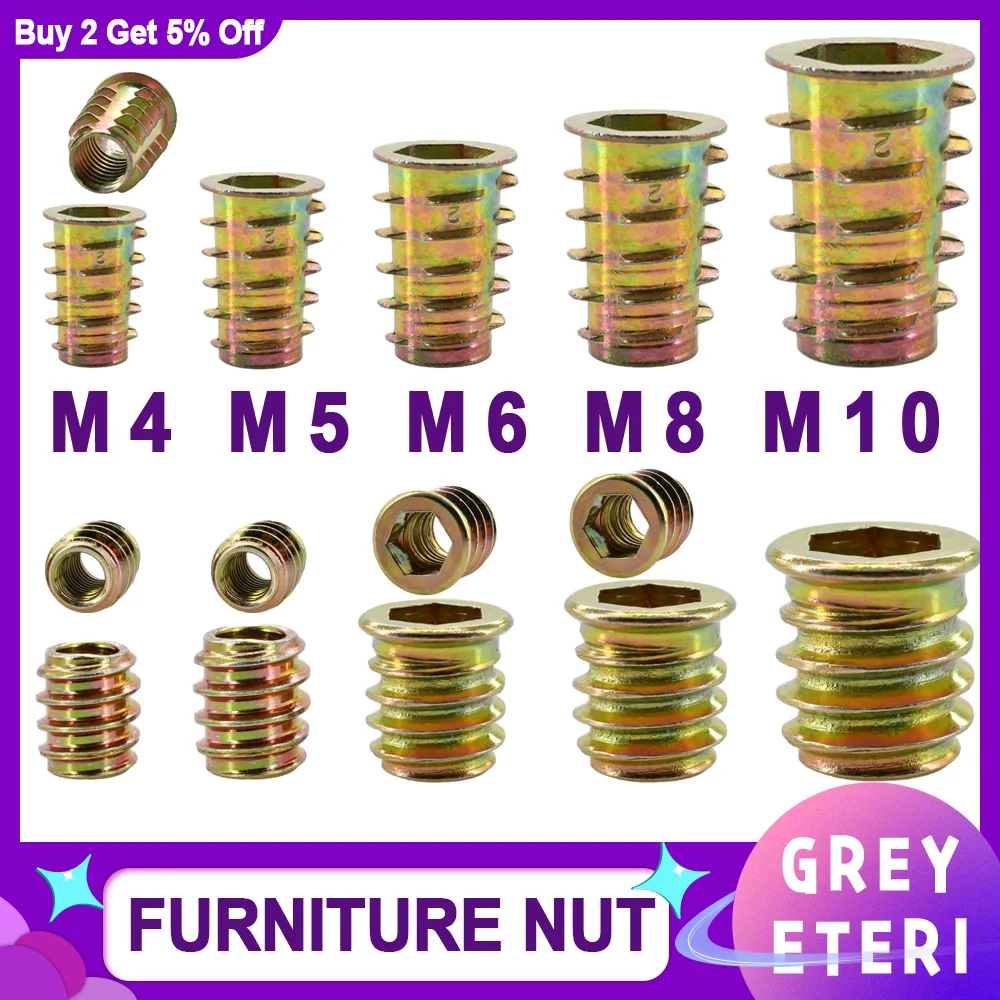 Tuerca para muebles M4 M5 M6 M8 M10, tuercas de inserción hexagonales de aleación de Zinc tipo T para carpintería, mesa de inserción de madera, escritorio, silla, cama, Nutsert