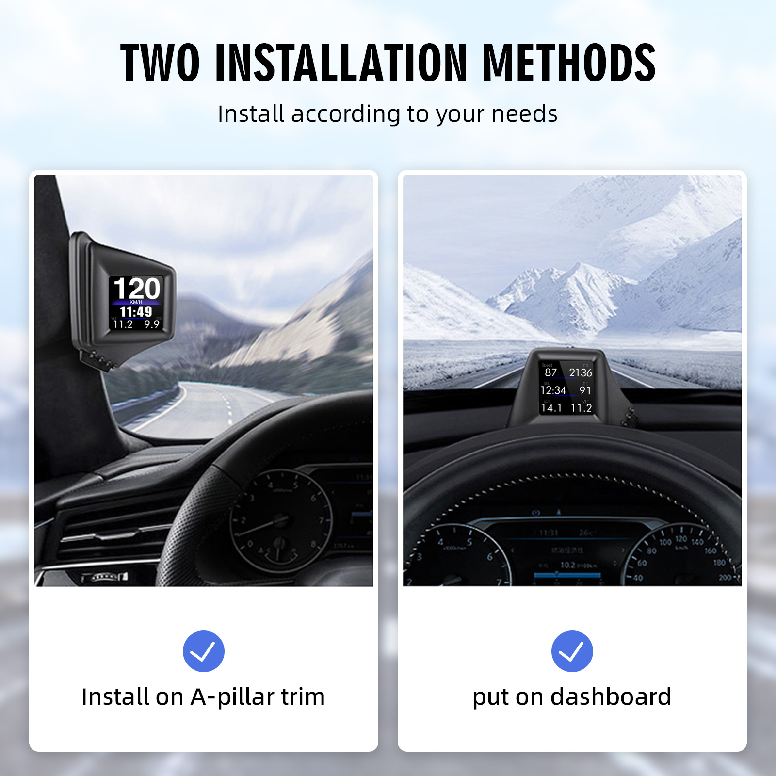 OBD2 + GPS Nieuwe multifunctionele HUD-gadget Ingebouwde computer A-stijl Trim Installeren RPM Turbo Oliedruk Watertemperatuur GPS Snelheidsmeter