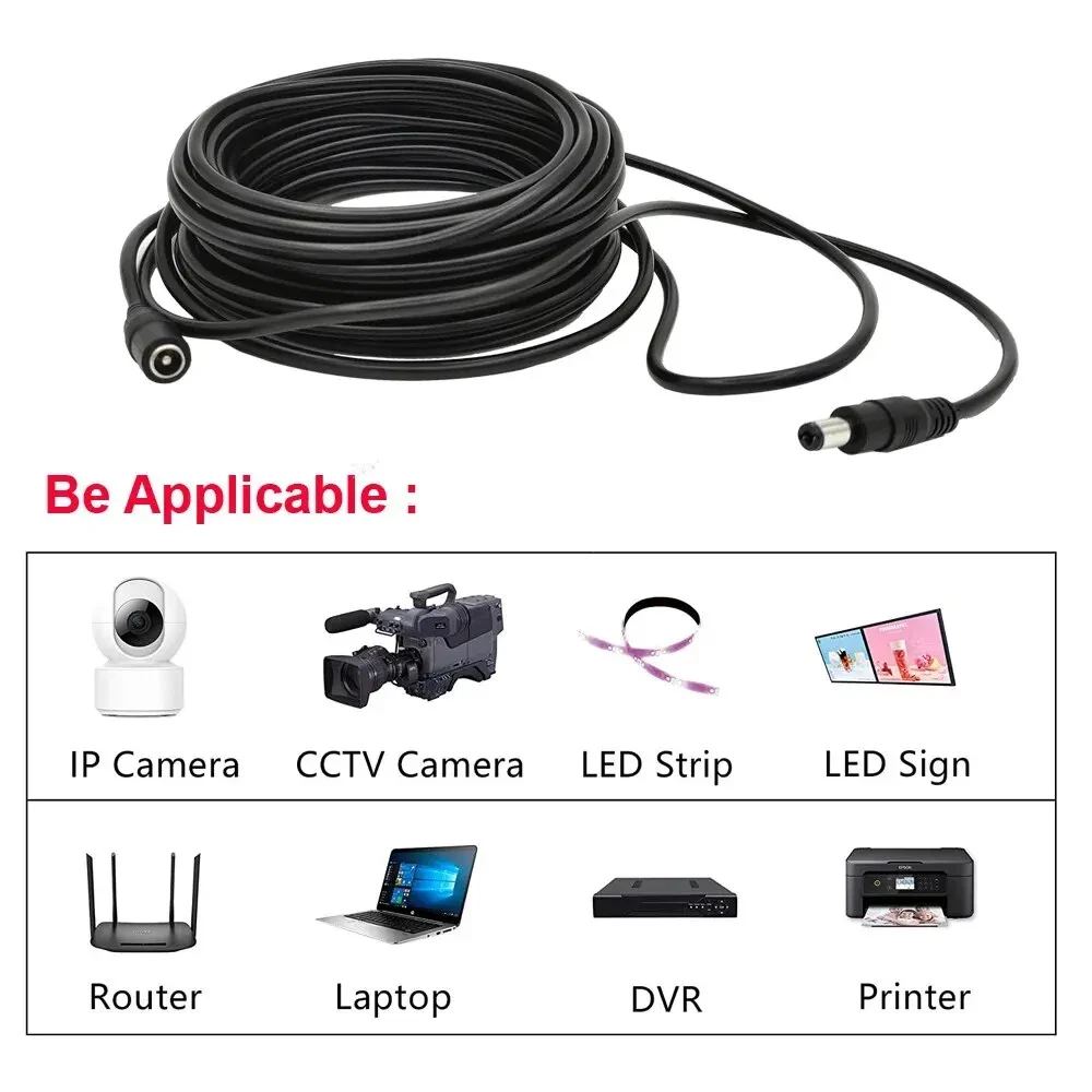 Przedłużacz kabla zasilającego DC12V 2,1*5,5mm złącze męskie na żeńskie do kamery monitoringu CCTV kolor czarny 16,5 stóp 10m kabel zasilający