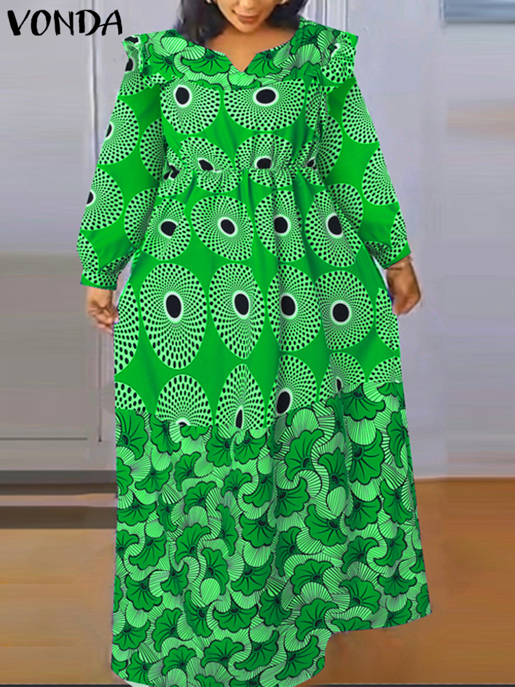 プラスサイズ 5XL VONDA ボヘミアンプリントロングドレス女性ロングランタンスリーブ Vestidos エレガントな V ネックサンドレスホリデーローブファム