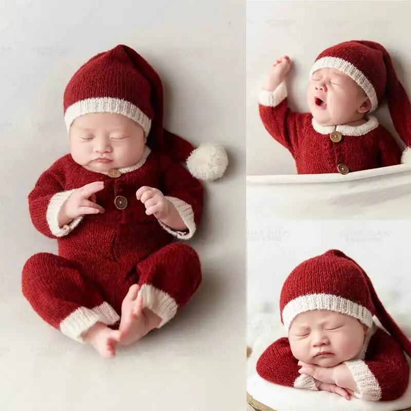 Rekwizyty do fotografii noworodkowej Akcesoria Miękki moherowy kapelusz bożonarodzeniowy dla niemowląt + kombinezon Stroje Studio Rekwizyty fotograficzne dla niemowląt Szydełkowy kostium