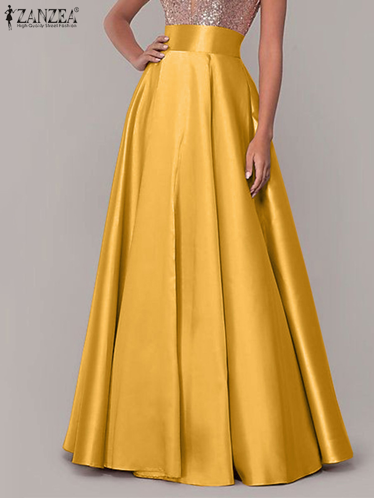 ZANZEA, faldas largas bohemias de seda satinada para mujer, vestido veraniego holgado elegante liso de algodón para mujer, vestidos informales de gran tamaño con cintura elástica
