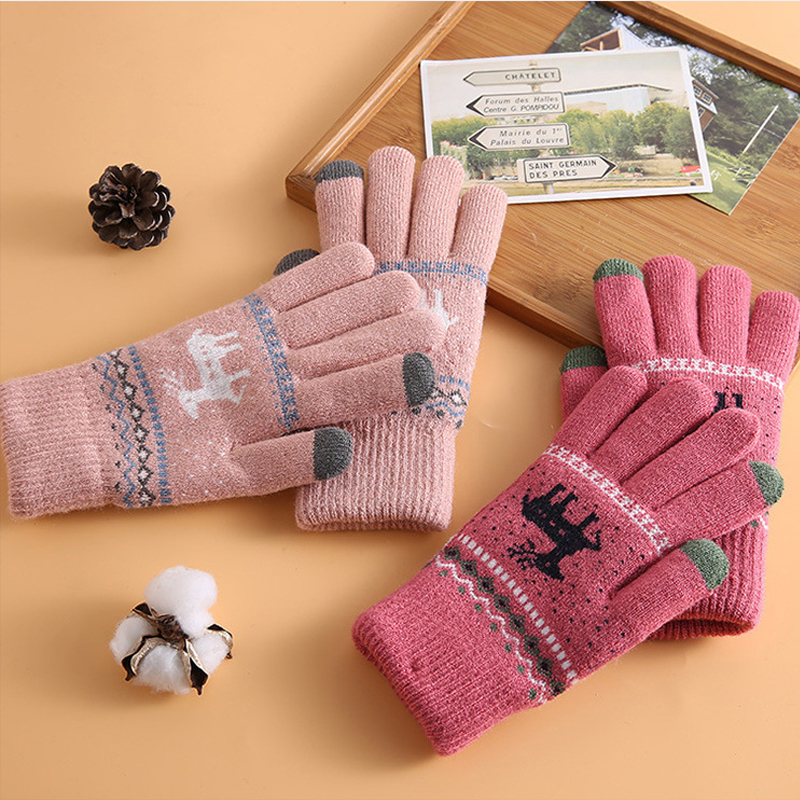 Guantes con estampado de copos de nieve, guantes tejidos con pantalla táctil para teléfono, guantes gruesos de invierno para mantener el calor, manoplas navideñas de alces, guantes con dedos completos