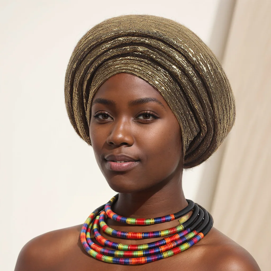 bereits hergestellte afrikanische Headtie Turban Cap Nigeria Party Kopfbedeckung weibliche Kopfwickel Glitzer Plissee Auto Gele Cap Kopfbedeckung