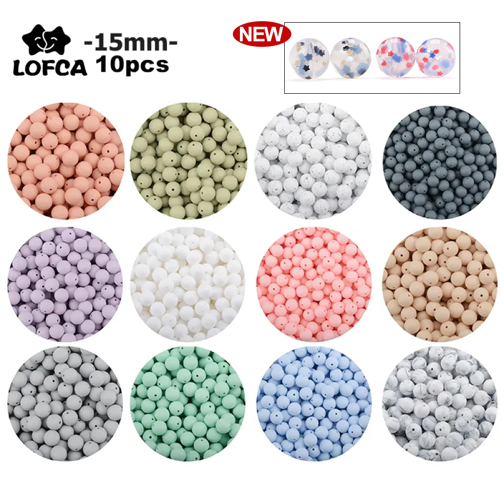 LOFCA 10 Stück 15 mm Silikon-Beißperlen, 15 mm Beißring, Baby-Still-Halskette, Schnullerclip, Mundpflege, BPA-frei, Lebensmittelqualität, bunt