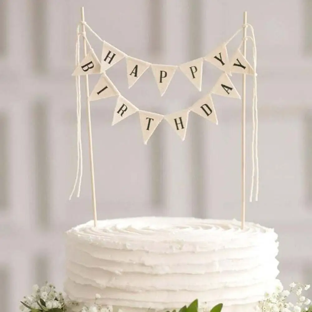Adorno de bandera para pastel de cumpleaños, herramientas de decoración para hornear, Gadgets de madera, decoración de papel, decoración de feliz fiesta de cumpleaños con patrón de letras, nuevo