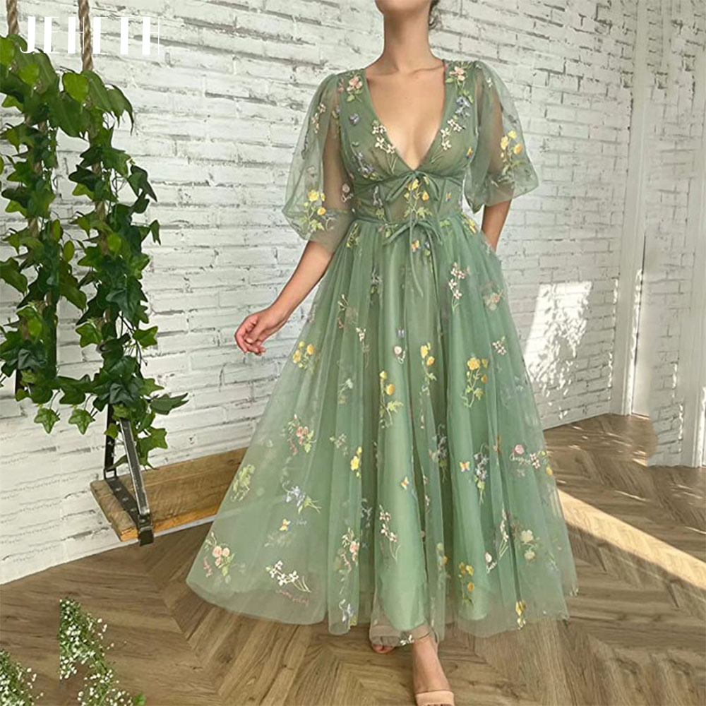 JEHETH Midi สีเขียวพรหมชุดลูกไม้เซ็กซี่ลึก V คอพัฟแขนสายดอกไม้เย็บปักถักร้อย Tulle vestidos de grad