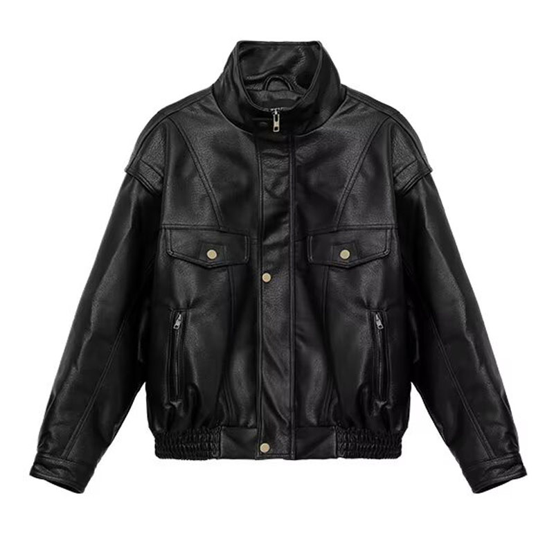 แจ็กเก็ตหนัง PU สีดำหนาสำหรับผู้หญิงแจ็คเก็ตสำหรับใส่ได้ทั้งชายและหญิงกันลมมีซิปขนาดใหญ่พิเศษสำหรับฤดูใบไม้ผลิและฤดูใบไม้ร่วง