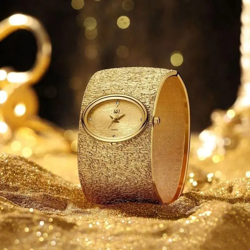 Reloj de pulsera ASJ para mujer, reloj sencillo con patrón de corteza de lujo dorado para mujer, relojes para damas