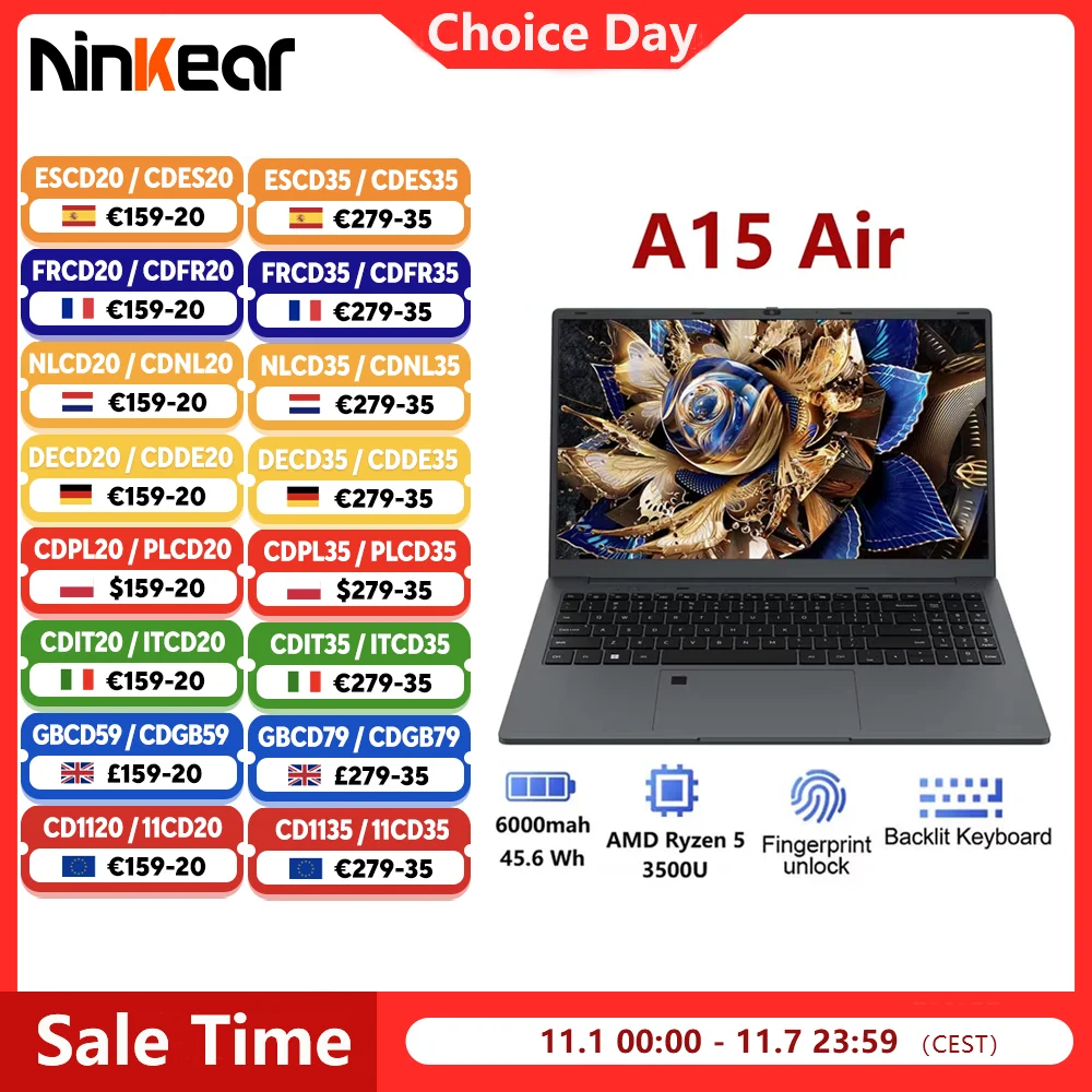 Ninkear A15 Air Laptop AMD Ryzen 5 3500U 16 GB DDR4 3200 MHz + 512 GB NVME SSD 15,6 Zoll FHD IPS Bildschirm Fingerabdruck-Entsperr-Notebook