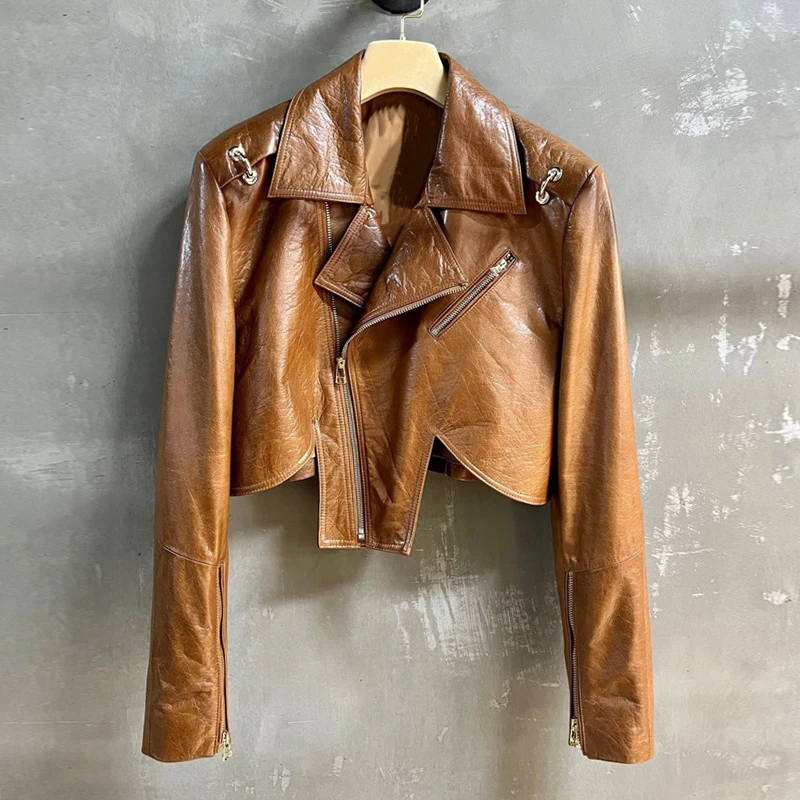 2024 Herbst Winter neue Motor & Biker Jacke Frauen Echt leder Kurz mäntel Mode unregelmäßige Vollarm weibliche coole Jacken