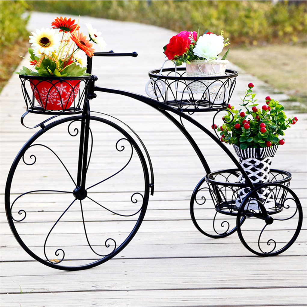 Suporte para plantas de bicicleta de 3 camadas, ferro forjado, triciclo, plantador, casa, jardim, pátio, decoração, vasos de flores, prateleira interna e externa