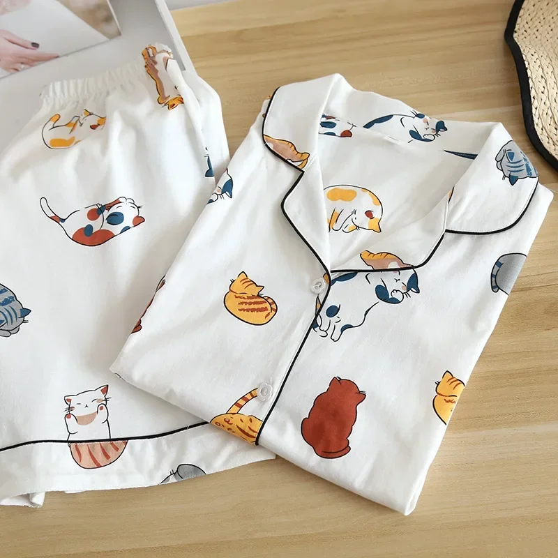 Novo 100% algodão shorts de manga curta senhoras pijamas conjunto bonito dos desenhos animados pijamas japonês simples pijamas curtos feminino sleepwear