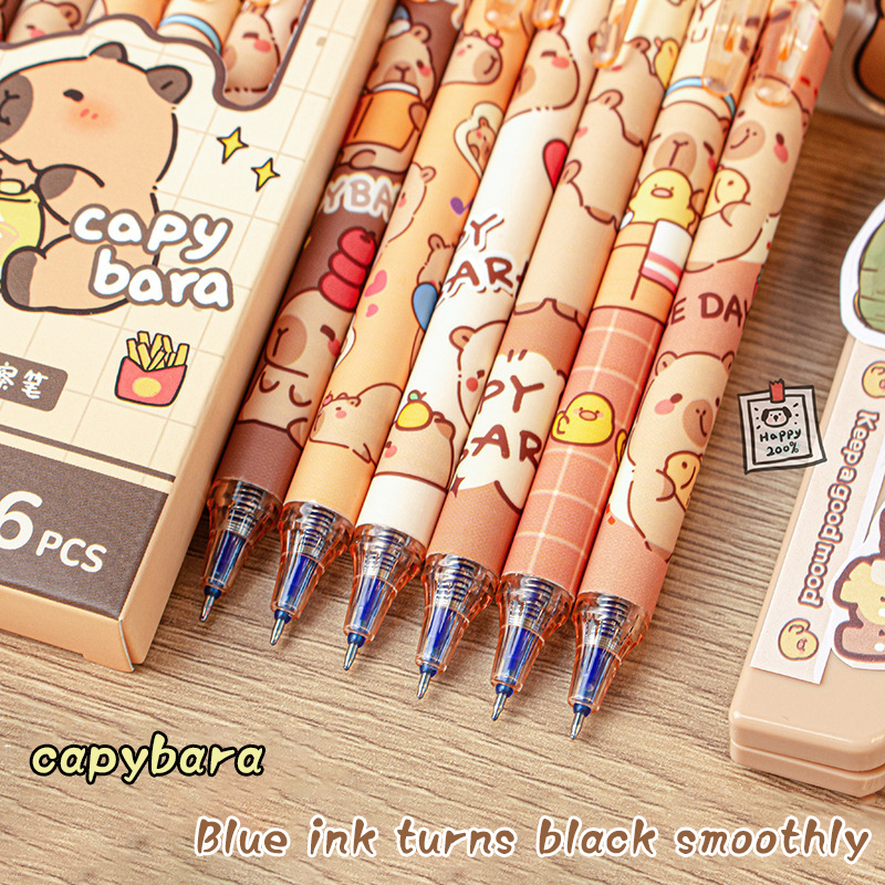 Stylos à Gel Capybara mignons, ensemble de 6 stylos Kawaii, effaçables bleus à séchage rapide pour le bureau et l'école, papeterie esthétique Kawaii