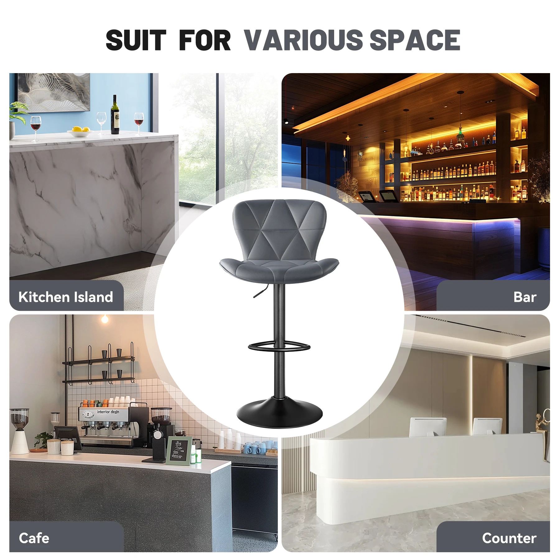 Sgabelli da bar 2 pezzi, 360 °   Rivestimento girevole in ecopelle, altezza bancone regolabile, per bar, cucine, mobili per ristoranti