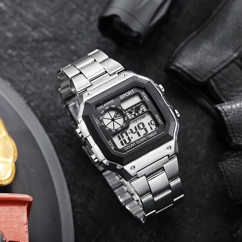 Relógio digital masculino, pulseira de aço inoxidável, contagem regressiva, relógios esportivos, à prova d'água, led, eletrônico, presente para homens