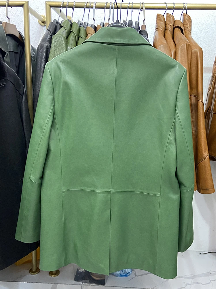 ฤดูใบไม้ผลิผู้หญิง Lady's Real Sheepskin หนังผู้หญิงของแท้หนังยาวสีเขียวเสื้อสูท Coat